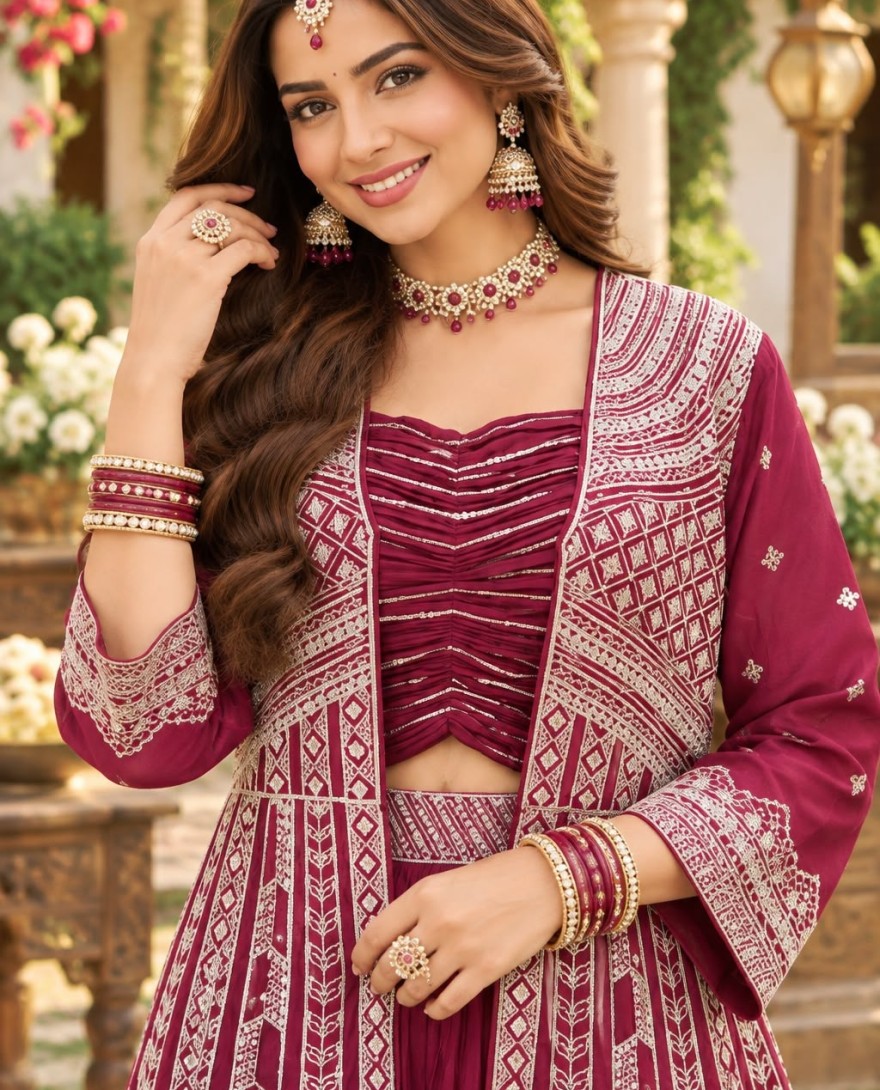 2201 - Embroidered Work Chinon Lehenga Choli In Maroon for Ceremonial